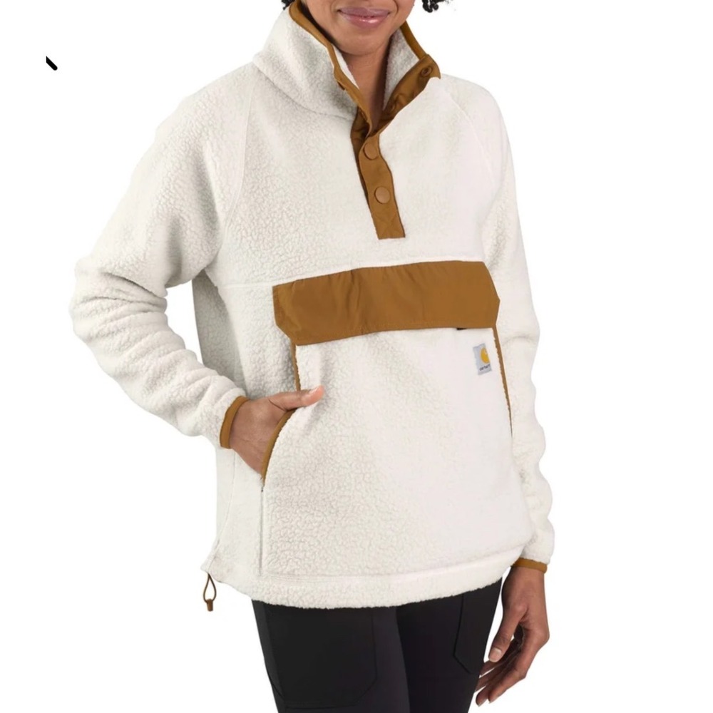 Carhartt Fleece Pullover L 104922-W White Brown Sherpa Relaxed Fit Snap Neck